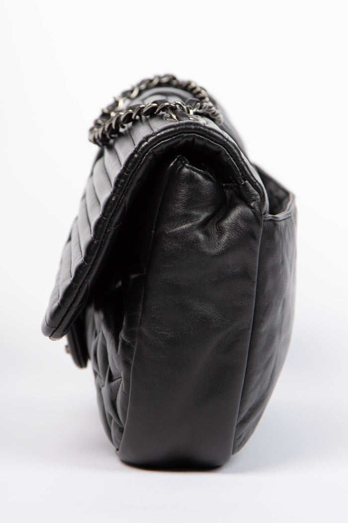 2010s Chanel Black Lambskin Leather Stripes and Stars Single Flap Shoulder Bag