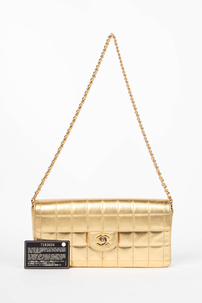 2000s Chanel Gold Lambskin Leather East West Chocolate Bar Shoulder Bag