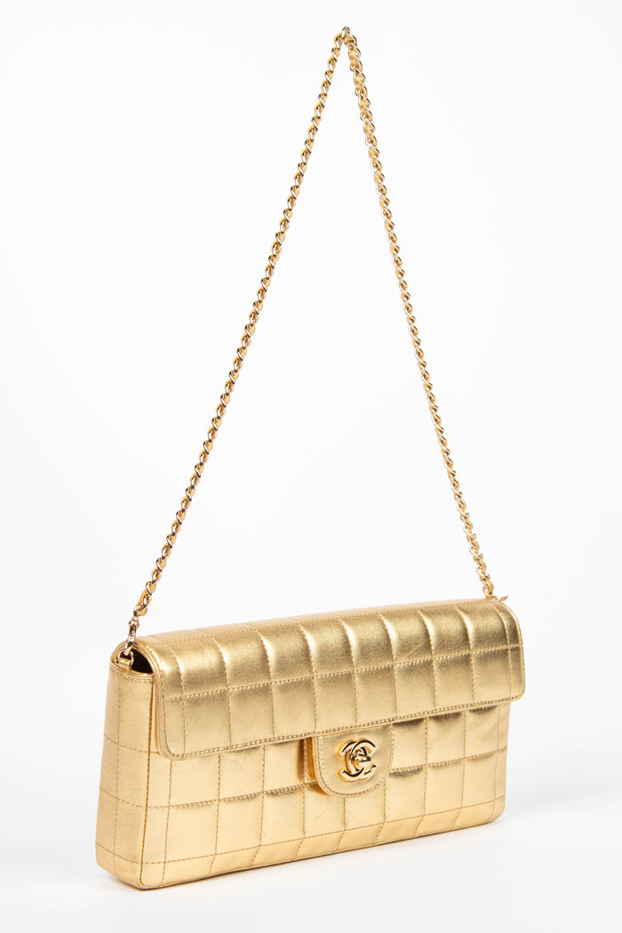 2000s Chanel Gold Lambskin Leather East West Chocolate Bar Shoulder Bag