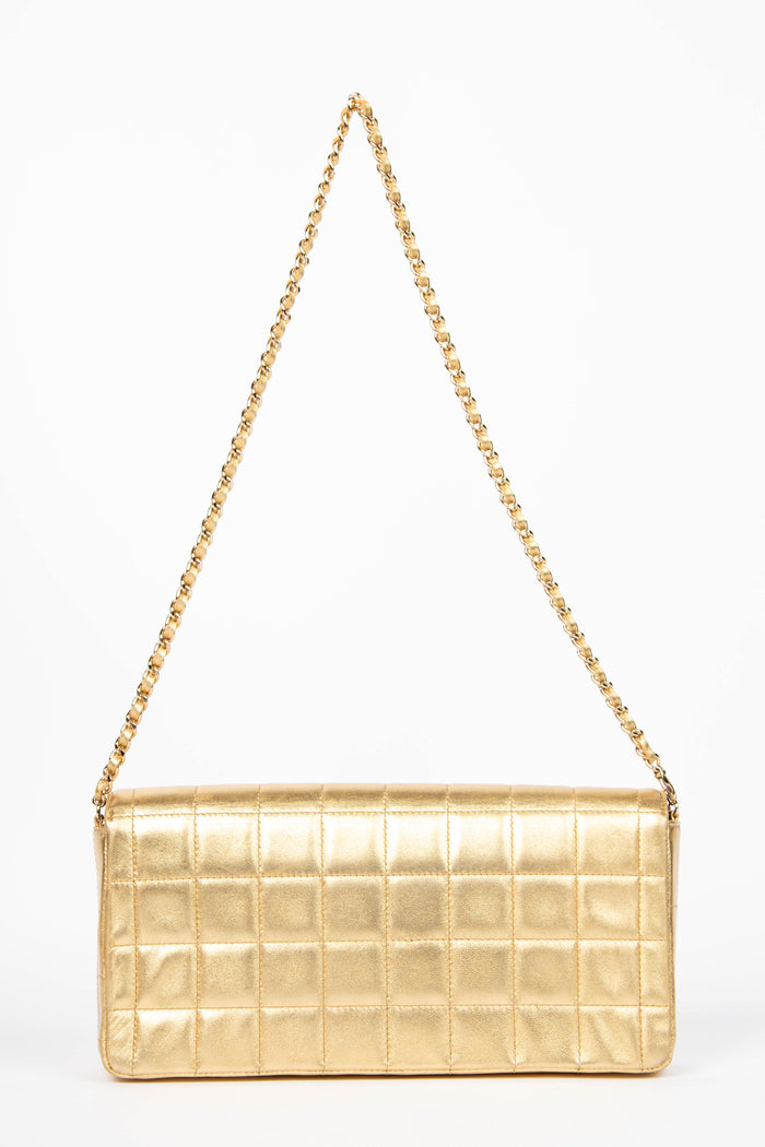 2000s Chanel Gold Lambskin Leather East West Chocolate Bar Shoulder Bag