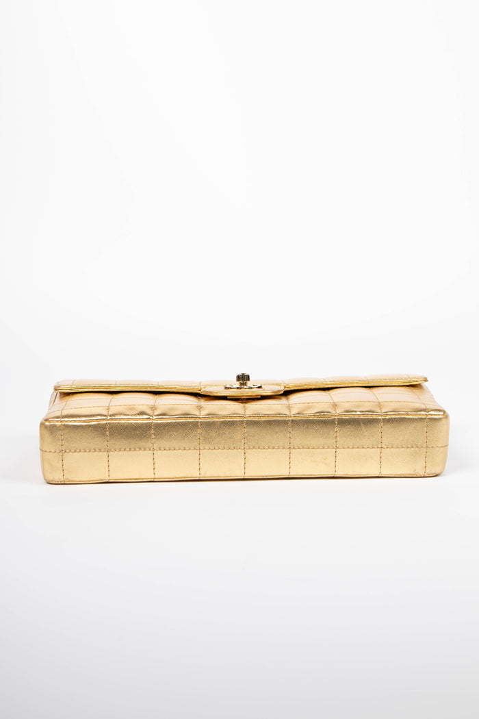 2000s Chanel Gold Lambskin Leather East West Chocolate Bar Shoulder Bag