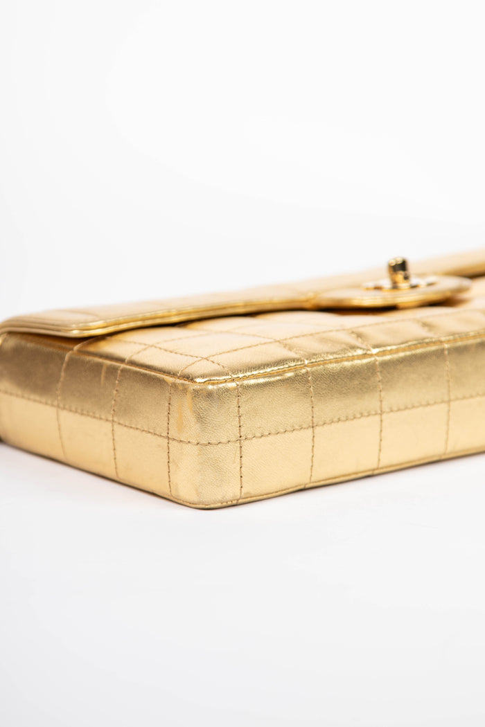 2000s Chanel Gold Lambskin Leather East West Chocolate Bar Shoulder Bag