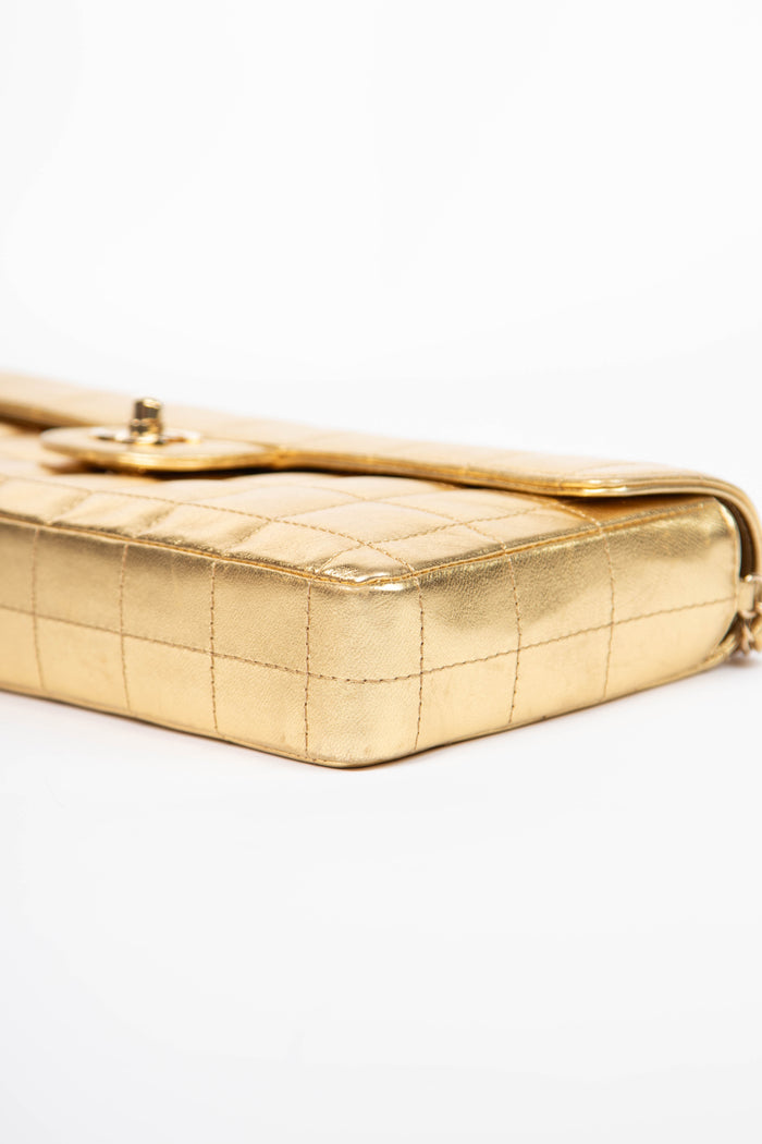 2000s Chanel Gold Lambskin Leather East West Chocolate Bar Shoulder Bag