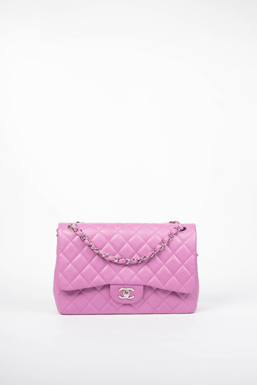 2010s Chanel Pink Lambskin Leather Jumbo Double Flap Shoulder Bag