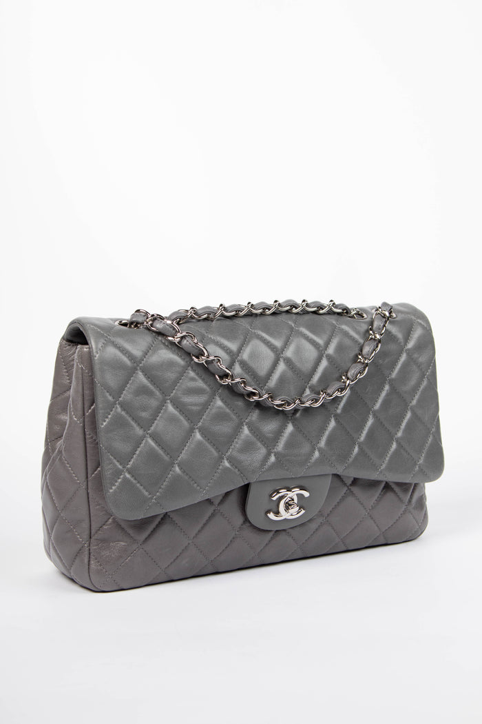 2000s Chanel Grey Lambskin Leather Jumbo Single Flap Shoulder Bag
