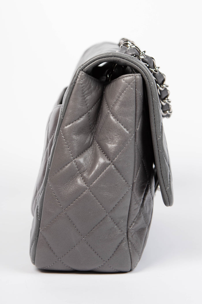 2000s Chanel Grey Lambskin Leather Jumbo Single Flap Shoulder Bag