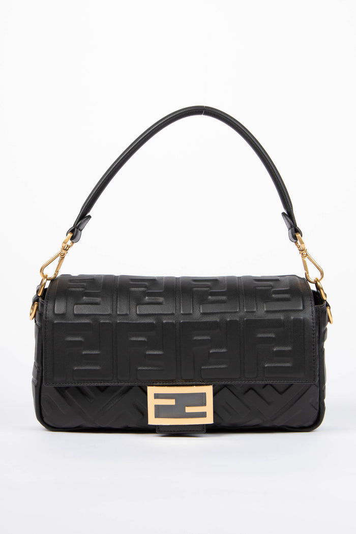 2020s Fendi Black Leather FF Embossed Baguette Shoulder Bag