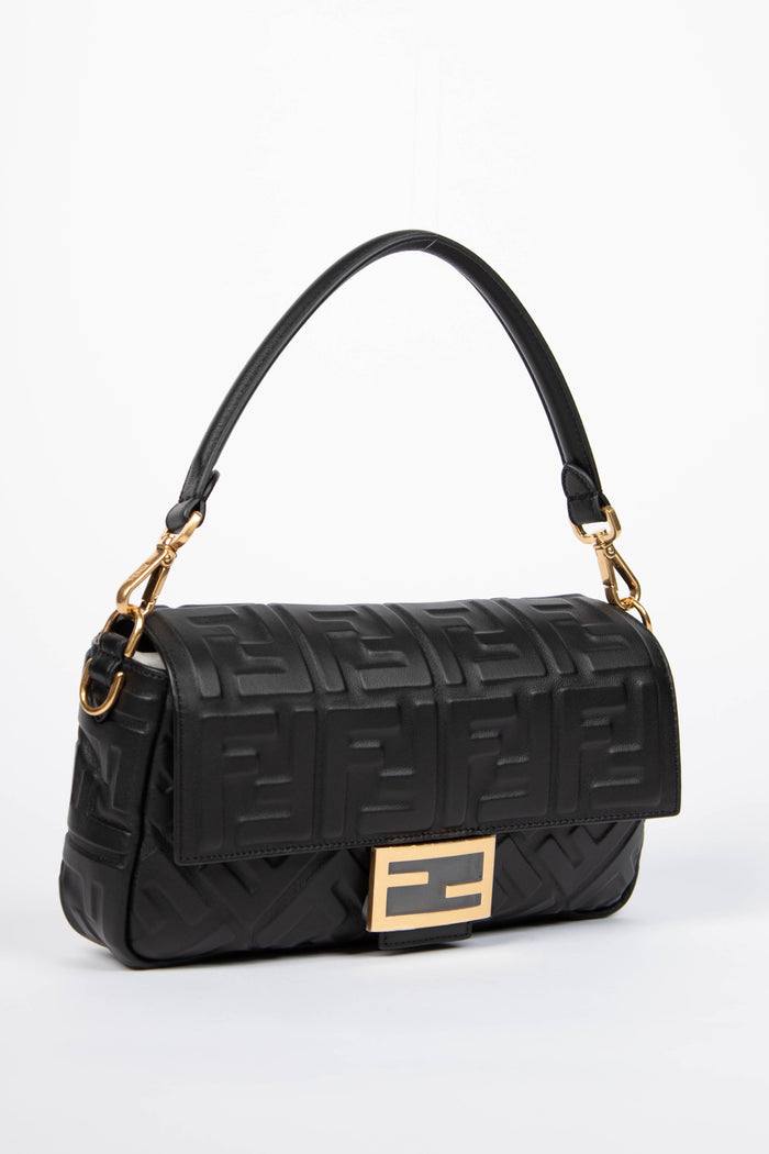 2020s Fendi Black Leather FF Embossed Baguette Shoulder Bag
