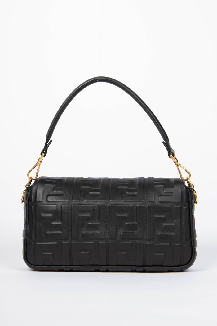 2020s Fendi Black Leather FF Embossed Baguette Shoulder Bag