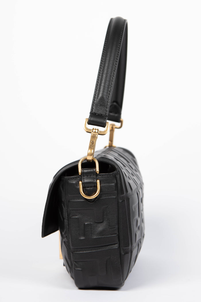 2020s Fendi Black Leather FF Embossed Baguette Shoulder Bag