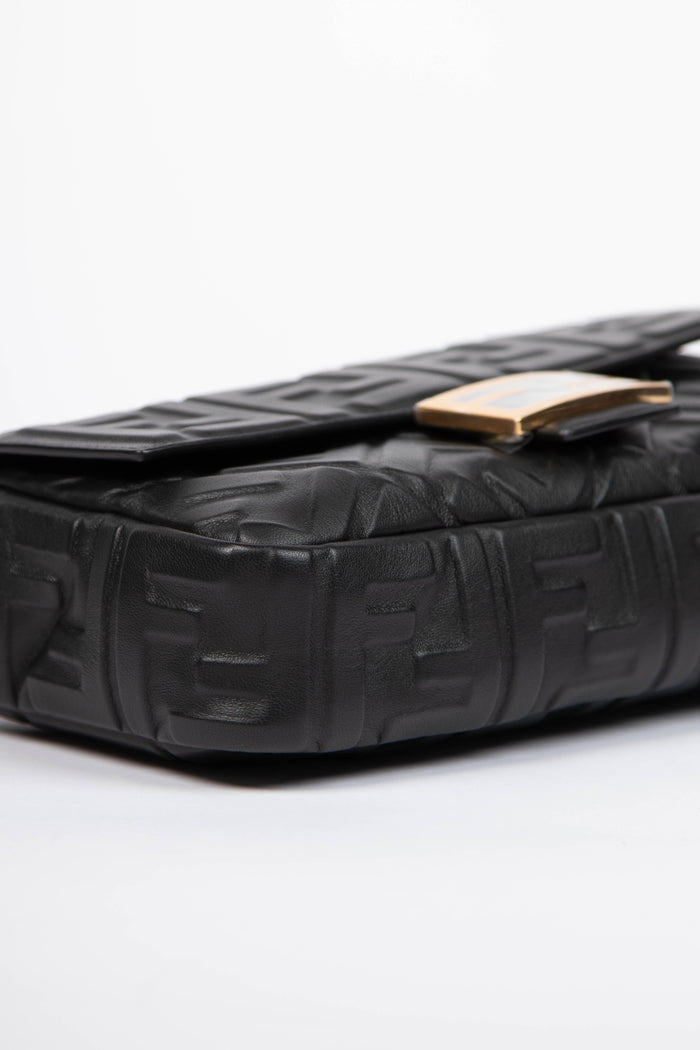 2020s Fendi Black Leather FF Embossed Baguette Shoulder Bag