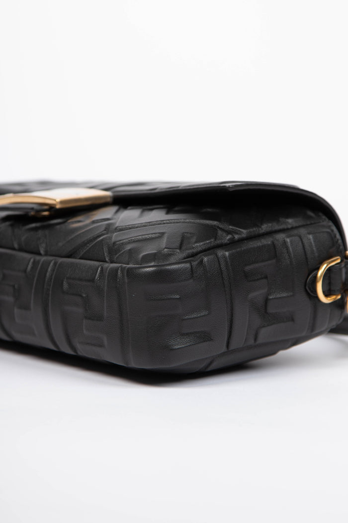2020s Fendi Black Leather FF Embossed Baguette Shoulder Bag