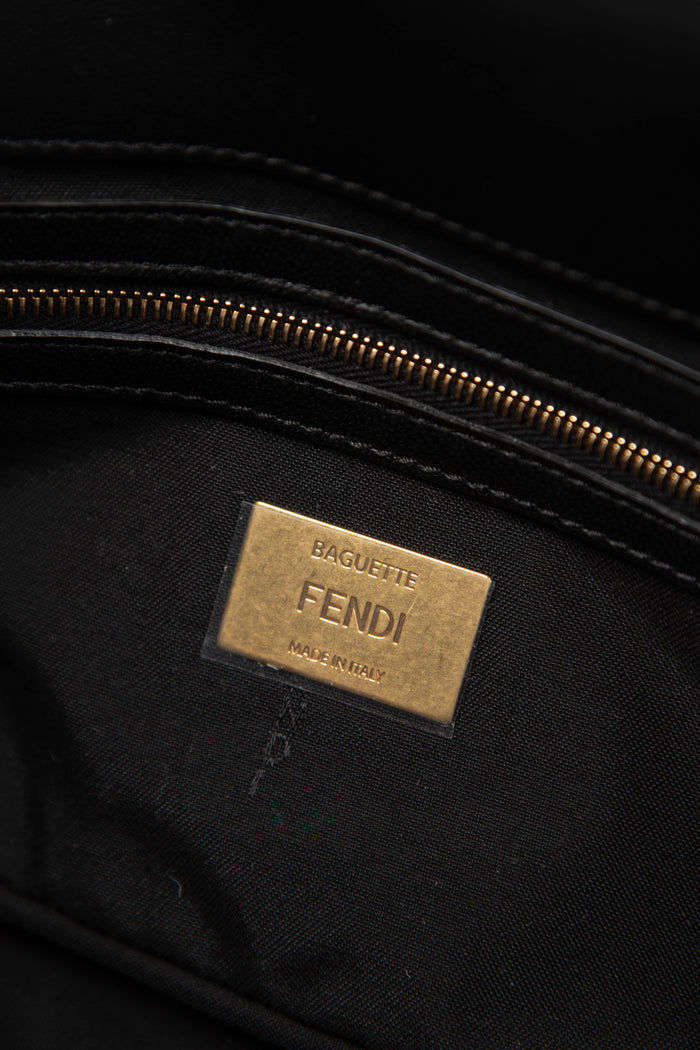 2020s Fendi Black Leather FF Embossed Baguette Shoulder Bag