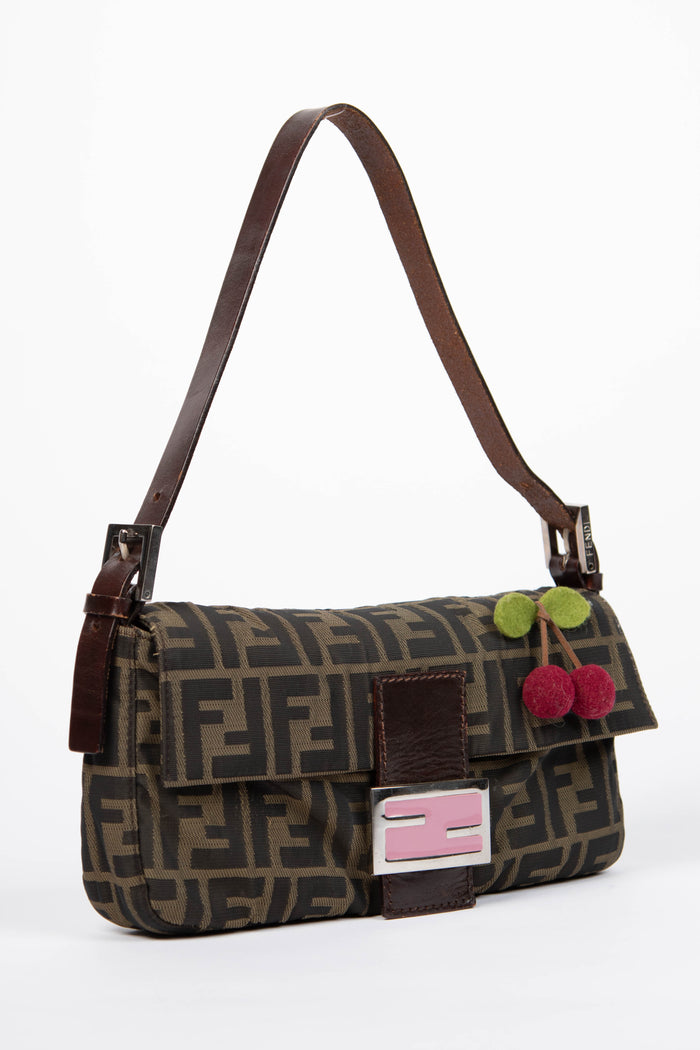 Vintage Fendi Zucca Canvas Cherry Baguette Shoulder Bag