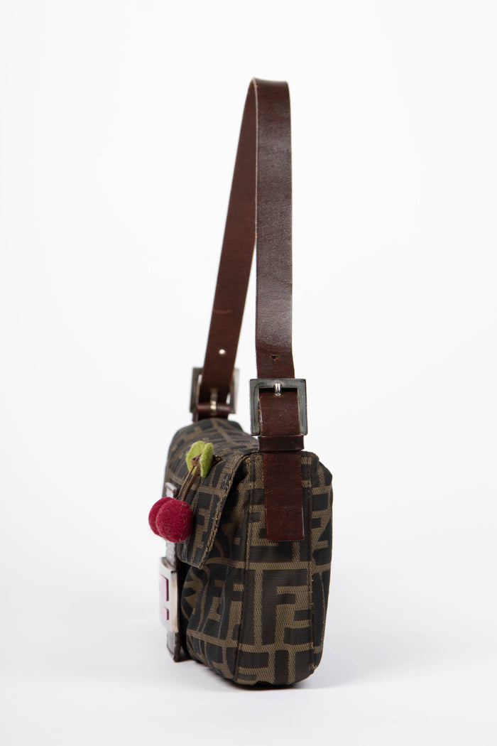Vintage Fendi Zucca Canvas Cherry Baguette Shoulder Bag