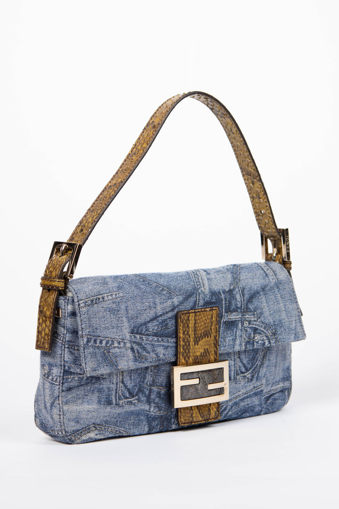 RARE Vintage Fendi Denim and Python Leather Baguette Shoulder Bag