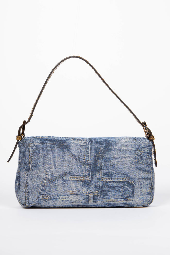 RARE Vintage Fendi Denim and Python Leather Baguette Shoulder Bag