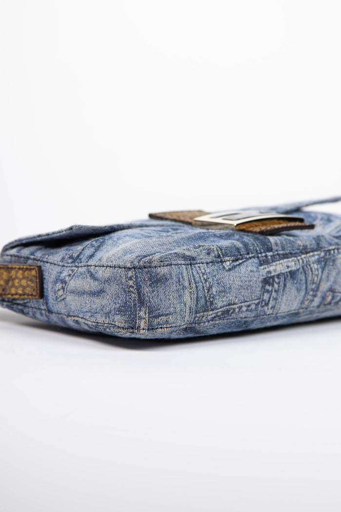 RARE Vintage Fendi Denim and Python Leather Baguette Shoulder Bag