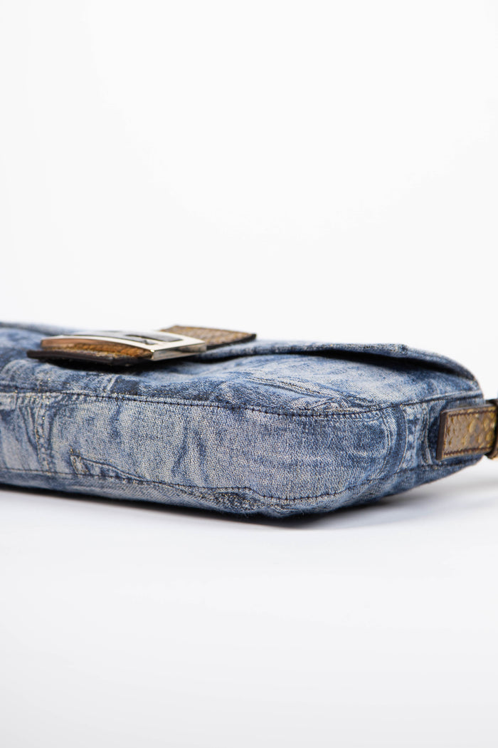 RARE Vintage Fendi Denim and Python Leather Baguette Shoulder Bag