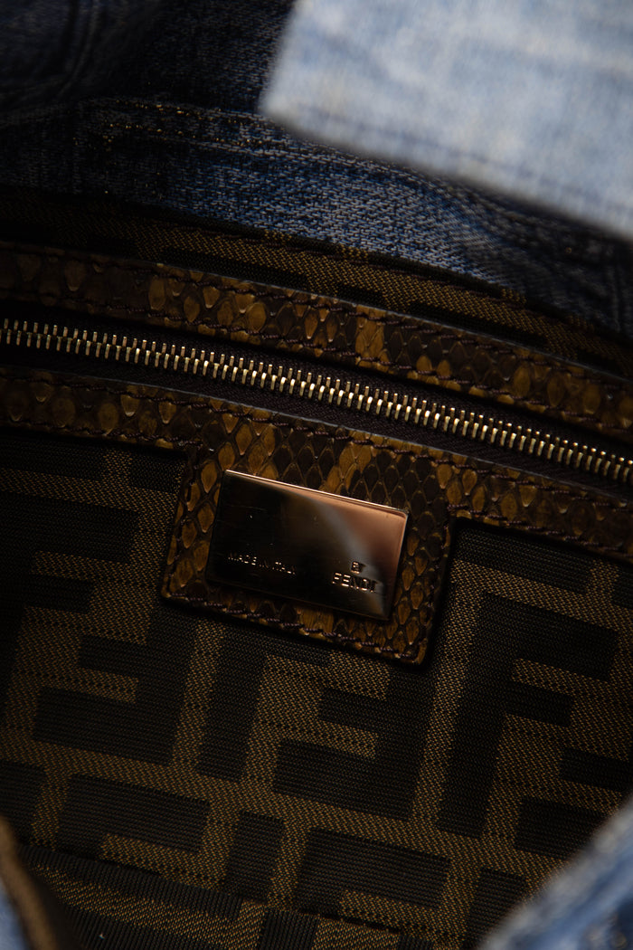 RARE Vintage Fendi Denim and Python Leather Baguette Shoulder Bag