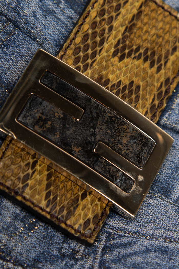 RARE Vintage Fendi Denim and Python Leather Baguette Shoulder Bag