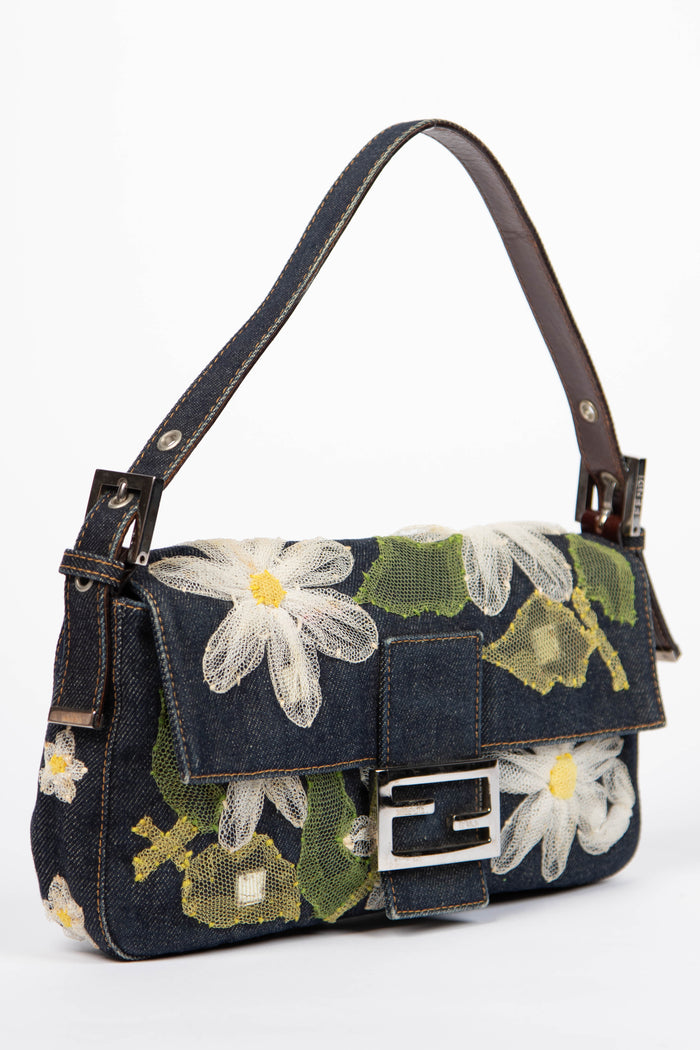 Vintage Fendi Denim Baguette with Mesh Flower Appliqué