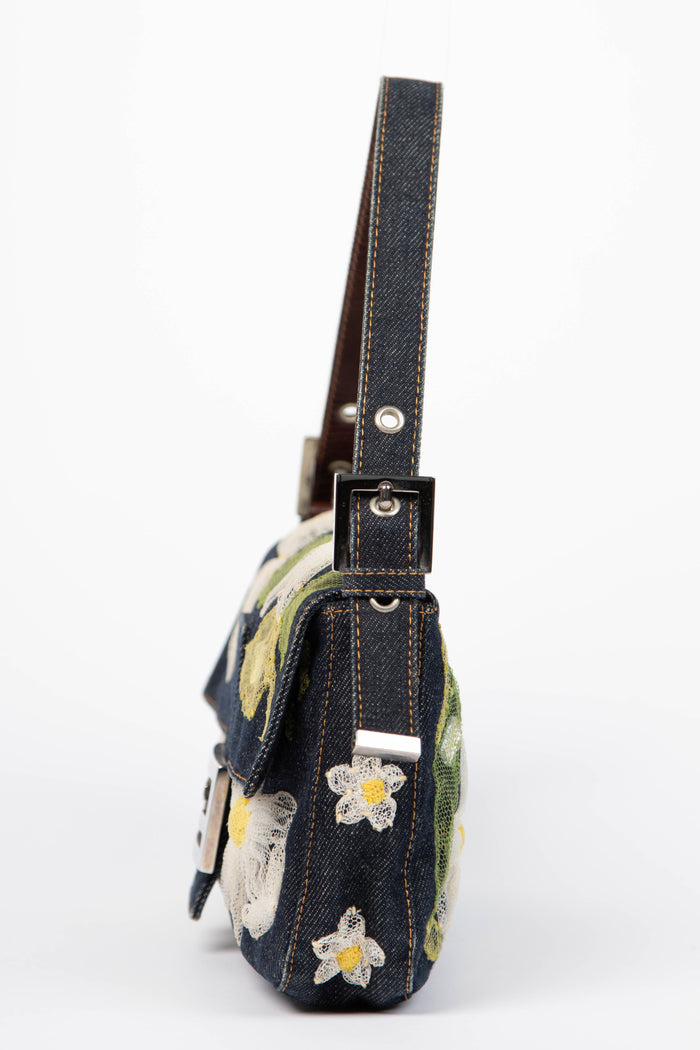 Vintage Fendi Denim Baguette with Mesh Flower Appliqué