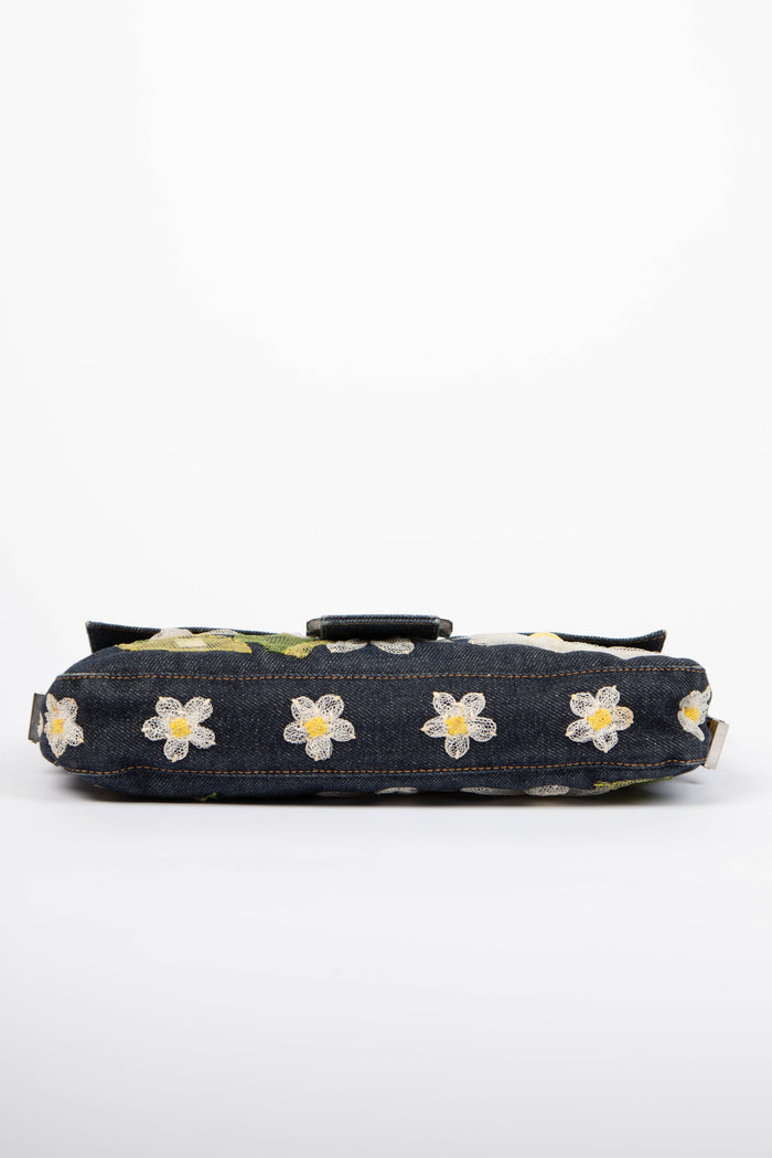 Vintage Fendi Denim Baguette with Mesh Flower Appliqué
