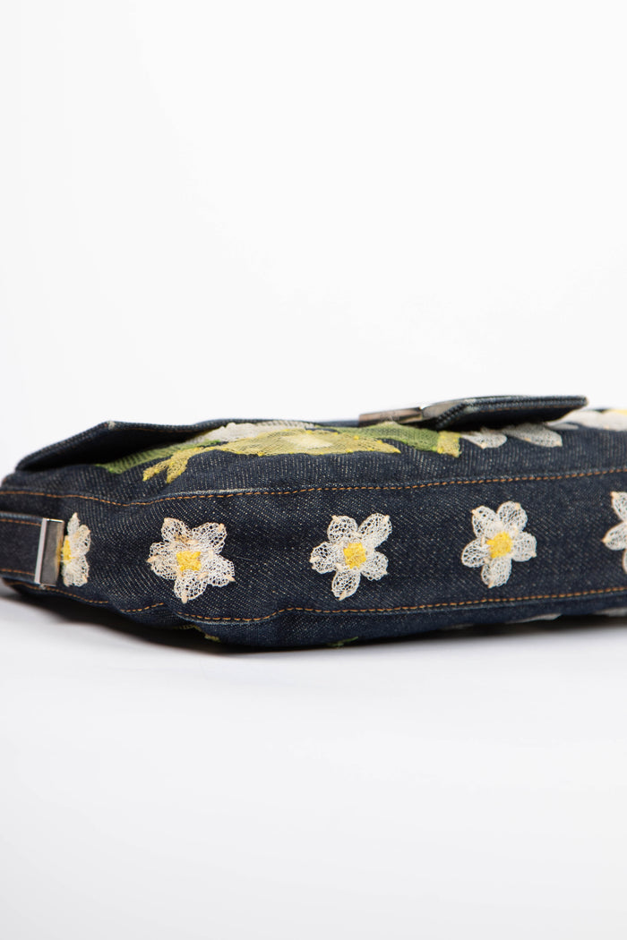 Vintage Fendi Denim Baguette with Mesh Flower Appliqué