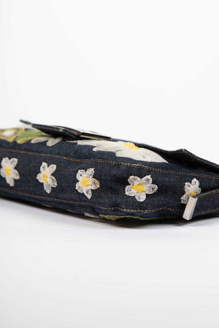 Vintage Fendi Denim Baguette with Mesh Flower Appliqué