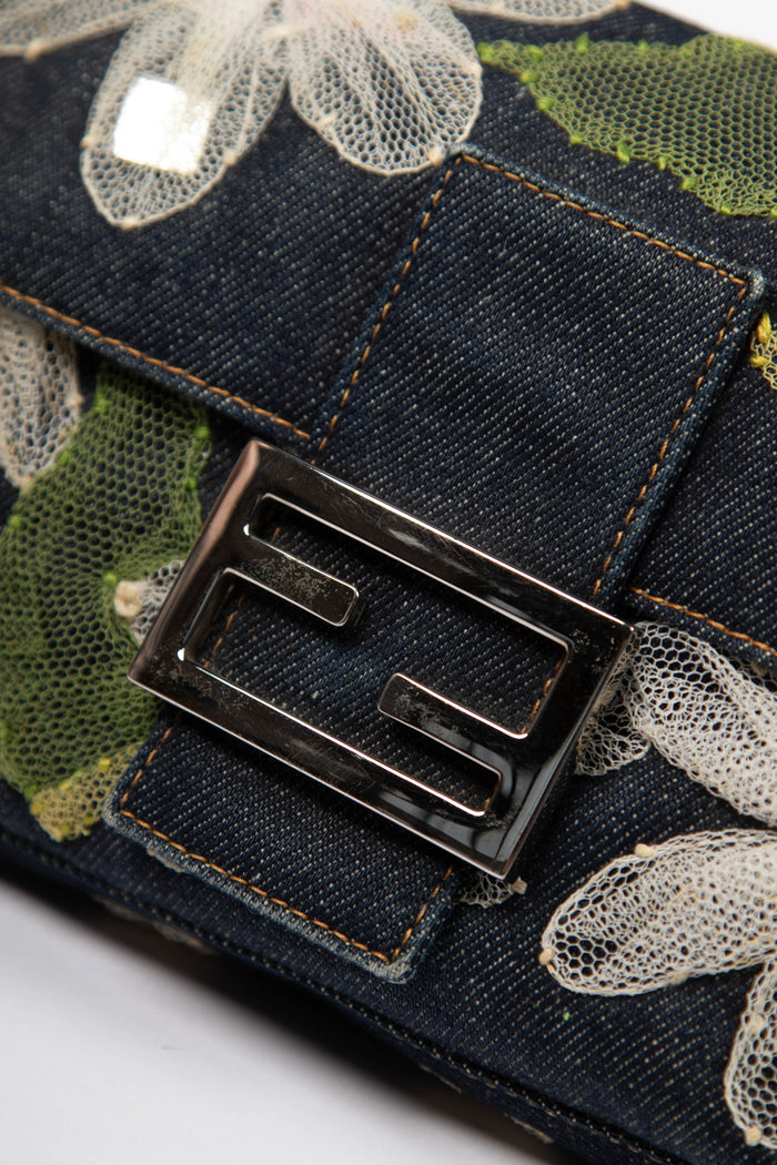 Vintage Fendi Denim Baguette with Mesh Flower Appliqué