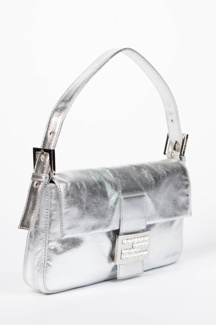 RARE 2000s Fendi Silver Lambskin and Crystal Baguette Shoulder Bag