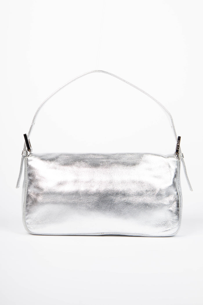RARE 2000s Fendi Silver Lambskin and Crystal Baguette Shoulder Bag