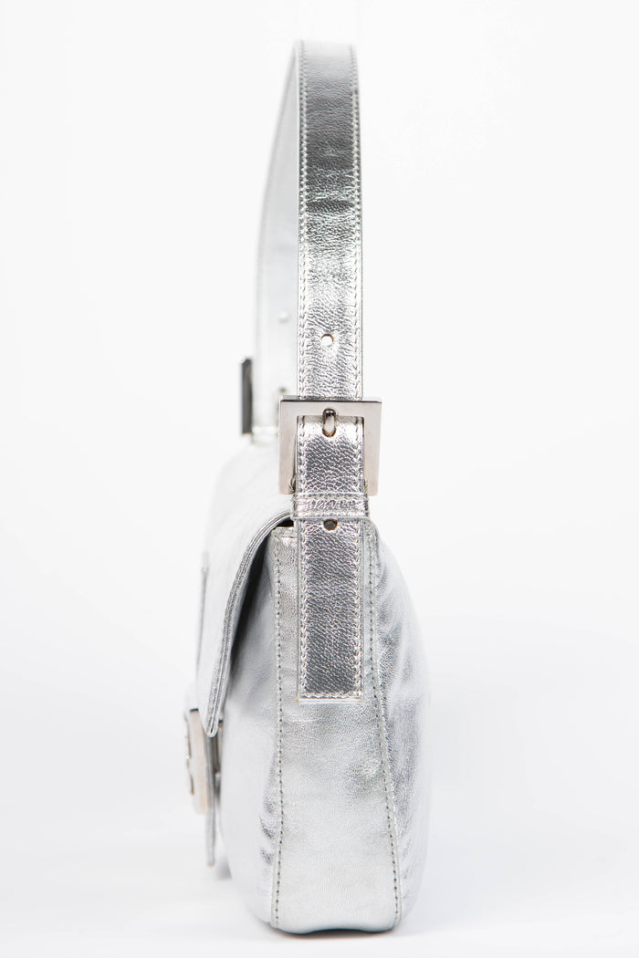 RARE 2000s Fendi Silver Lambskin and Crystal Baguette Shoulder Bag