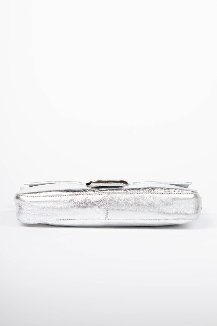 RARE 2000s Fendi Silver Lambskin and Crystal Baguette Shoulder Bag