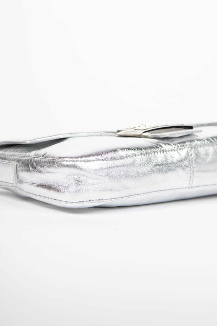 RARE 2000s Fendi Silver Lambskin and Crystal Baguette Shoulder Bag