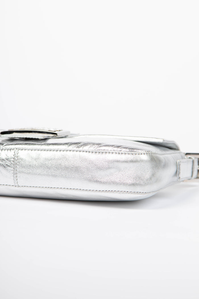 RARE 2000s Fendi Silver Lambskin and Crystal Baguette Shoulder Bag