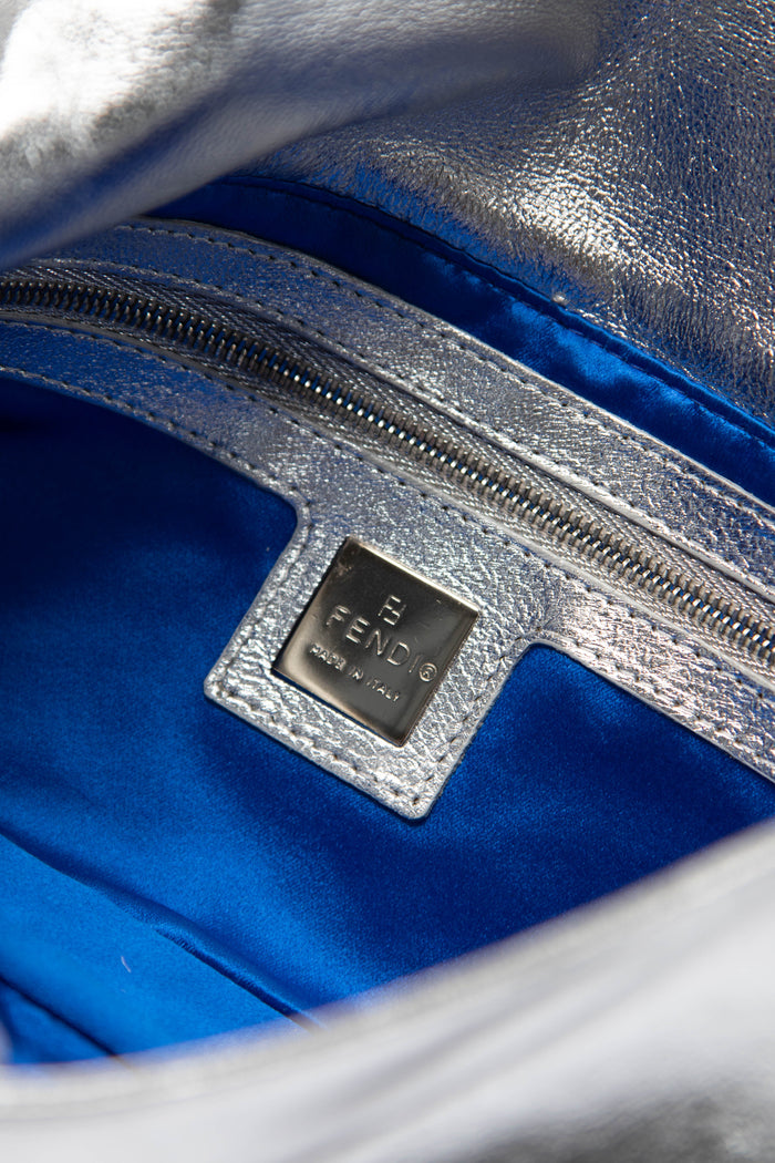 RARE 2000s Fendi Silver Lambskin and Crystal Baguette Shoulder Bag