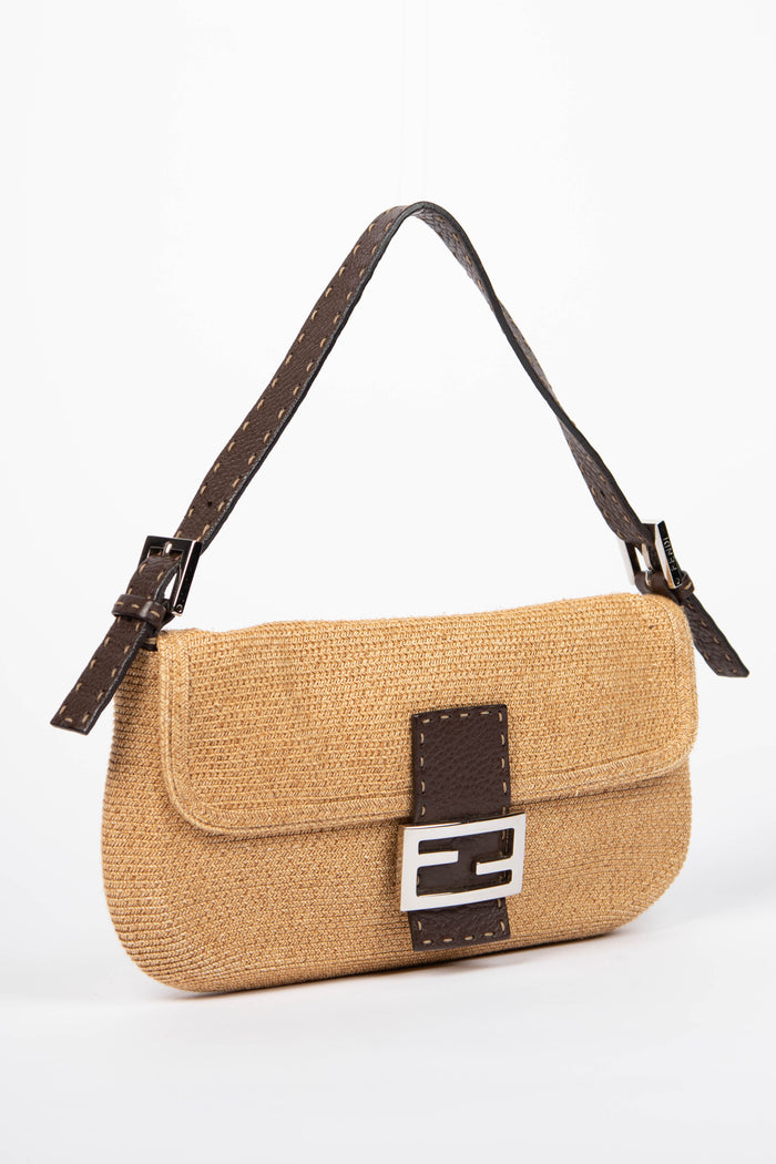 Vintage Fendi Brown Leather & Raffia Selleria Shoulder Bag