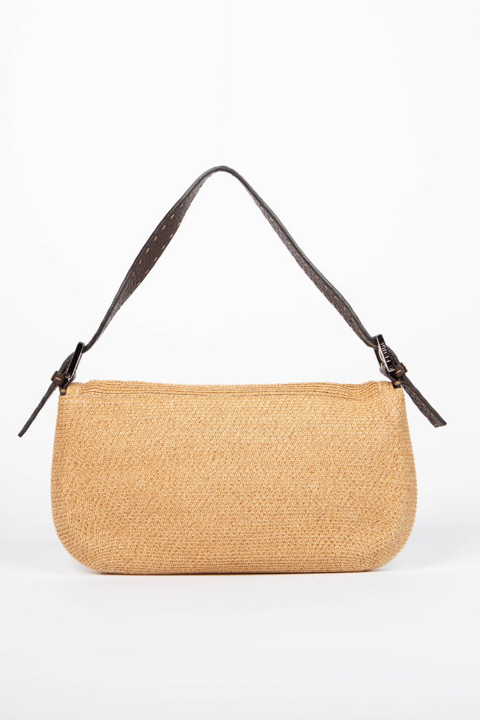 Vintage Fendi Brown Leather & Raffia Selleria Shoulder Bag