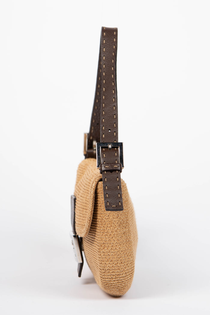 Vintage Fendi Brown Leather & Raffia Selleria Shoulder Bag