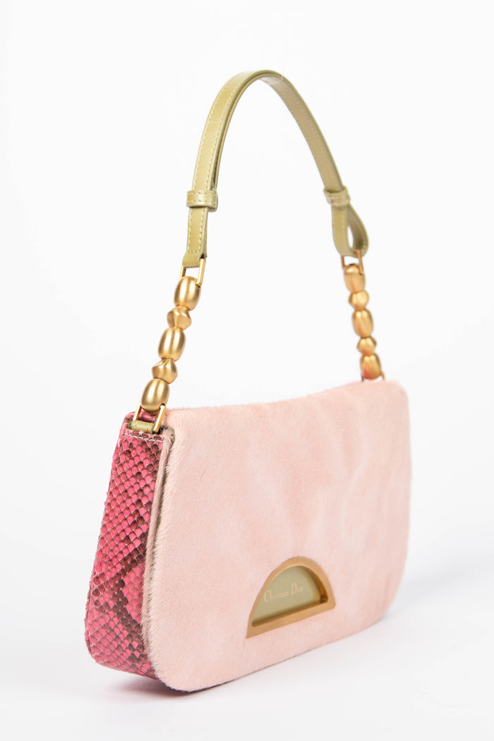 RARE Christian Dior Pink Pony Hair and Python Malice Shoulder Bag