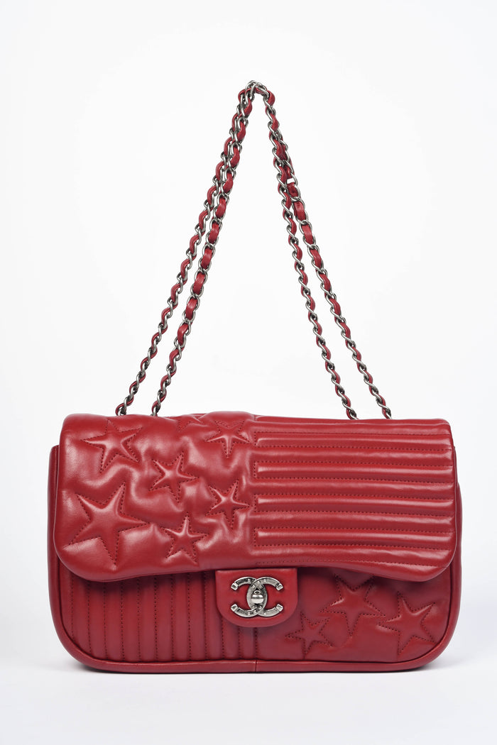 2014 Chanel Red Lambskin Stripes and Stars Single Flap Shoulder Bag
