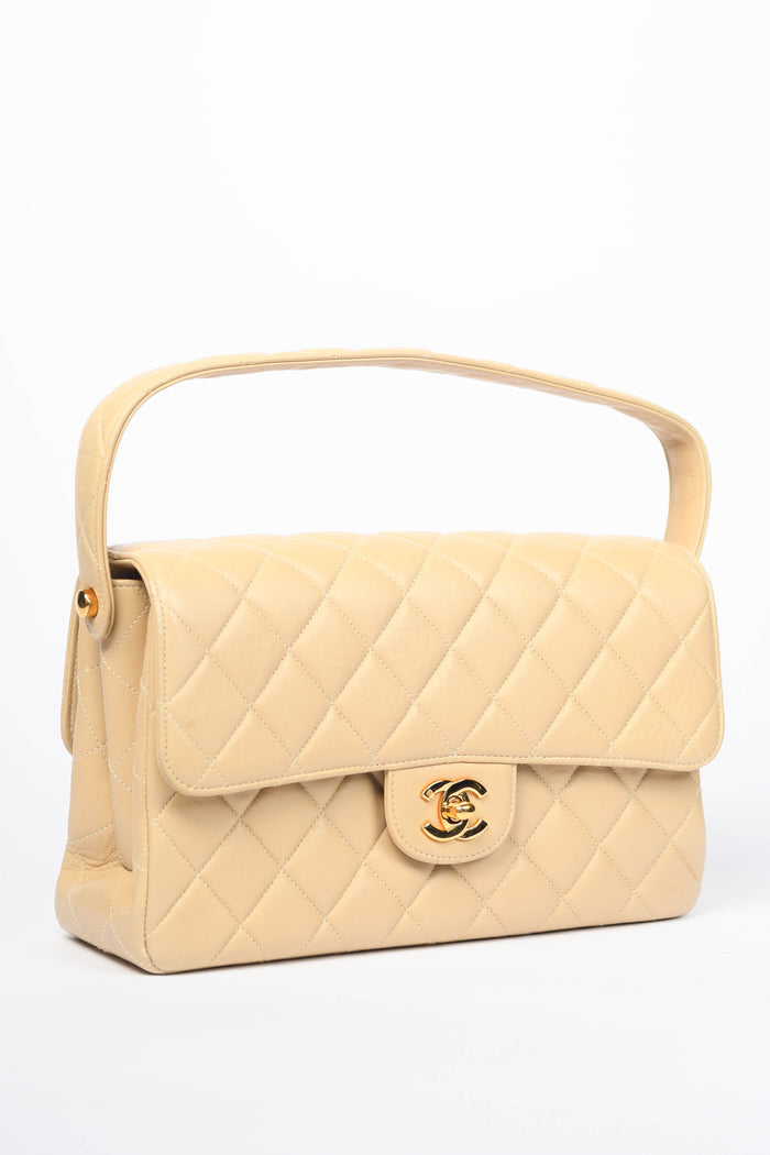90s Chanel Beige Lambskin Leather Double Faced Flap Bag with 24k GHW