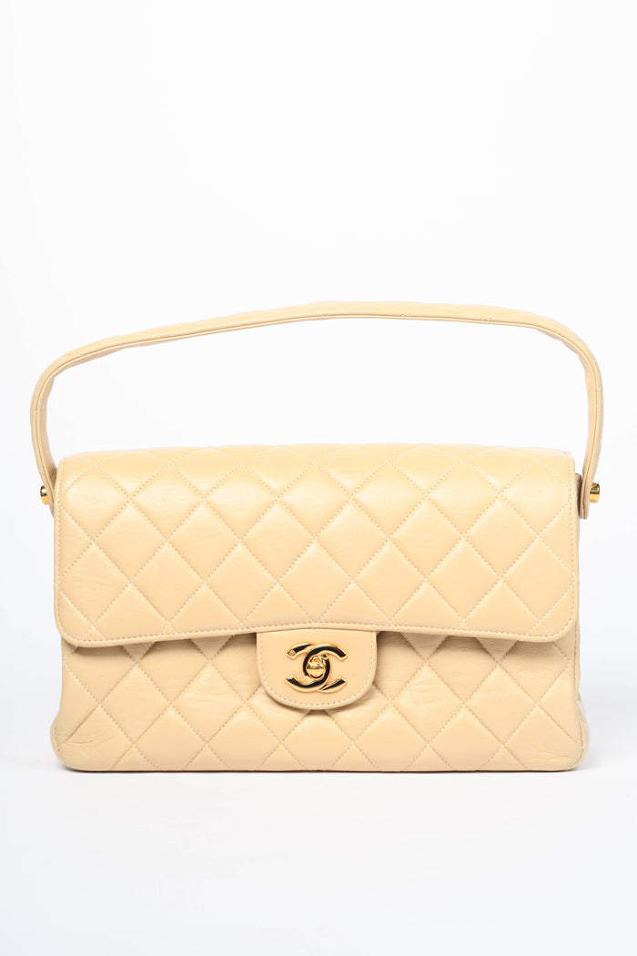 90s Chanel Beige Lambskin Leather Double Faced Flap Bag with 24k GHW
