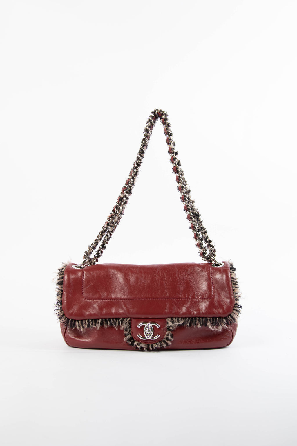 2010s Chanel Burgundy Lambskin Tweed Fringe Single Flap Shoulder Bag
