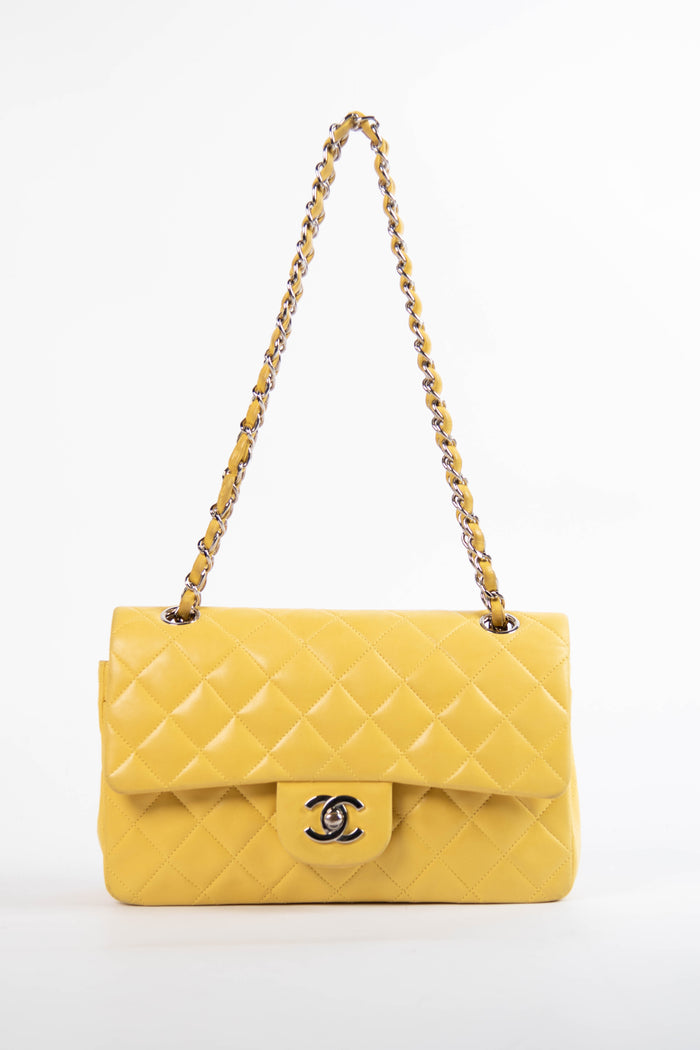 90s Chanel Yellow Lambskin Small Double Flap Shoulder Bag SHW
