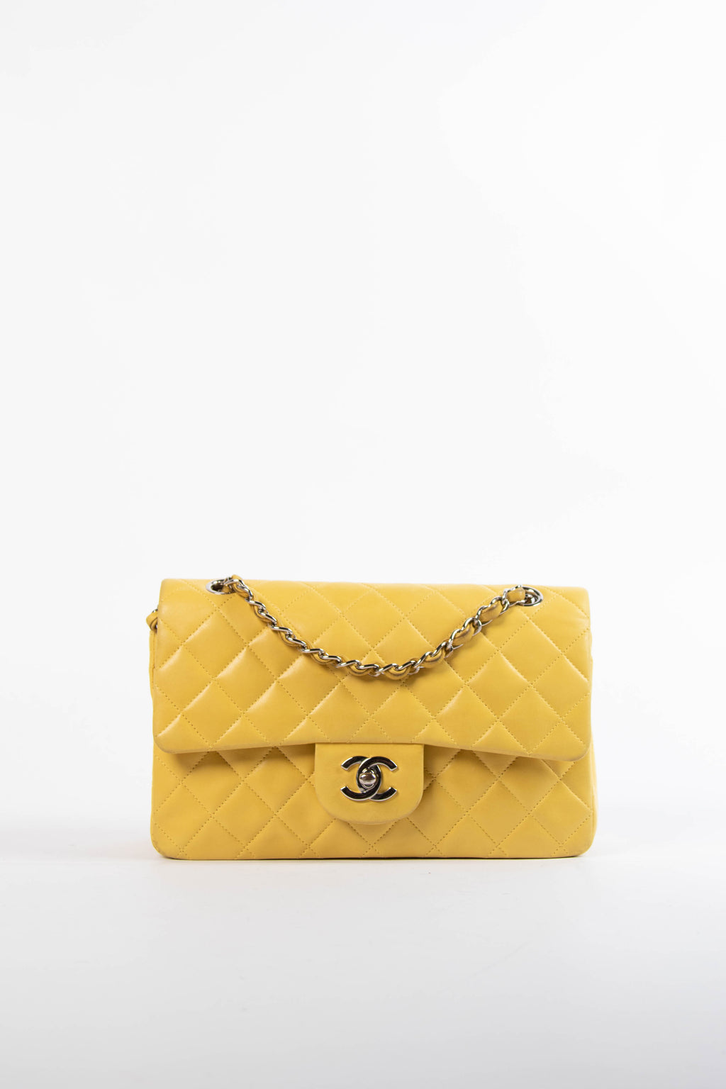 90s Chanel Yellow Lambskin Small Double Flap Shoulder Bag SHW