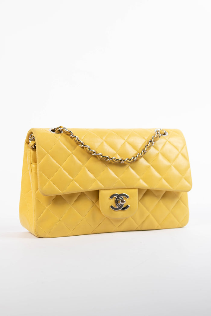 90s Chanel Yellow Lambskin Small Double Flap Shoulder Bag SHW