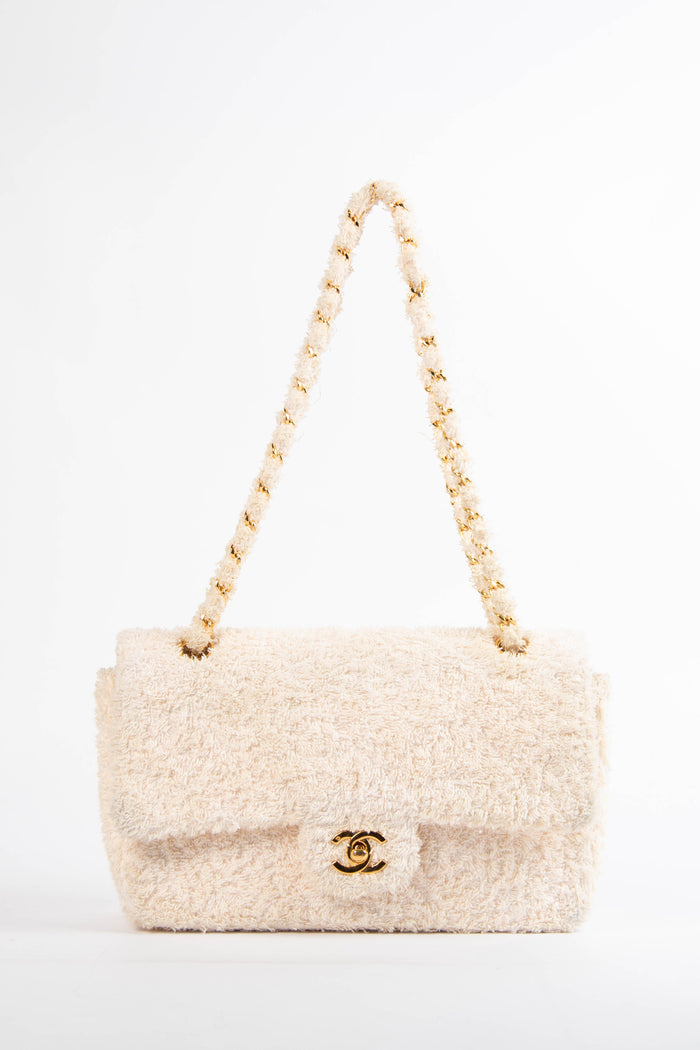 90s Chanel Cream Terry Cloth Medium Flap Shoulder Bag
